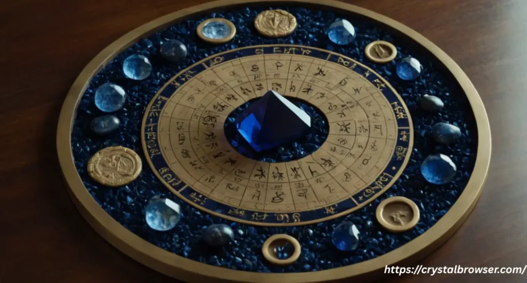 An astrological birth chart on a table with several dark blue crystals placed on it, illustrating how to use stones with a moon or rising sign.