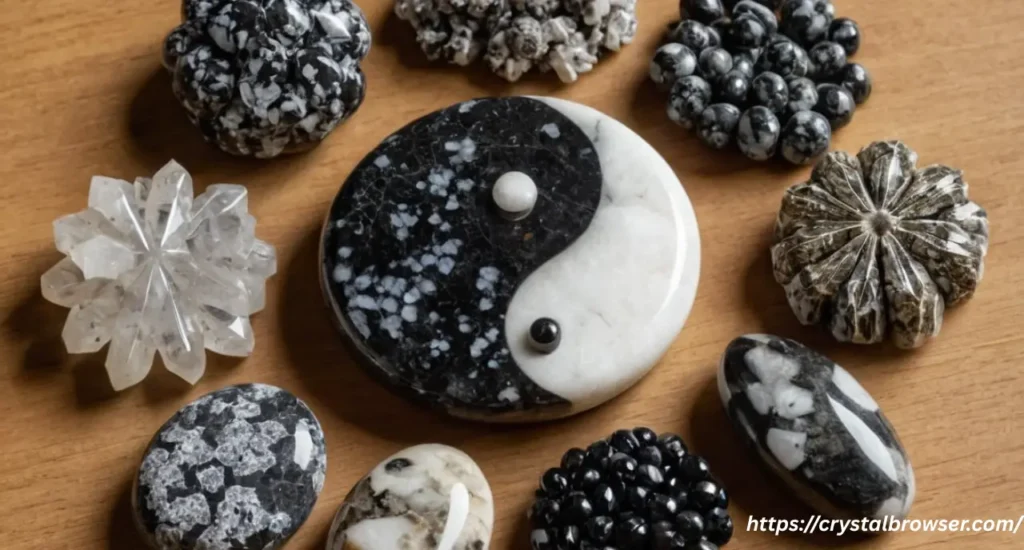 A collection of black and white crystals like Snowflake Obsidian and Tourmalinated Quartz arranged in a yin-yang shape on a wooden background.