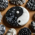 A collection of black and white crystals like Snowflake Obsidian and Tourmalinated Quartz arranged in a yin-yang shape on a wooden background.