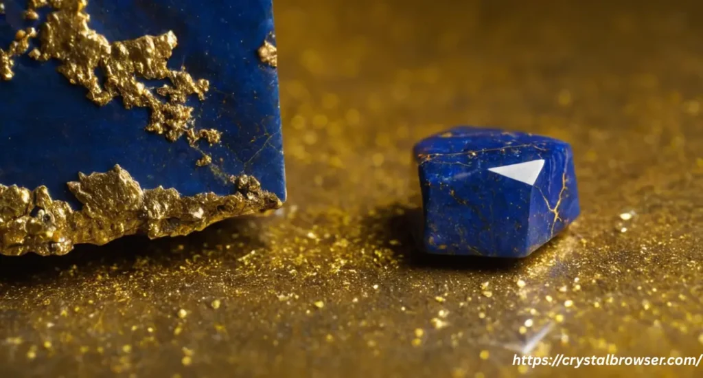 A macro close-up shot of a Lapis Lazuli stone, highlighting the signature golden flecks of Pyrite inclusions.