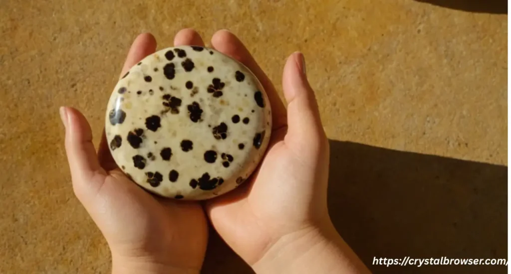 A person's smiling hands holding a Dalmatian Jasper palm stone, representing its joyful, inner-child energy.