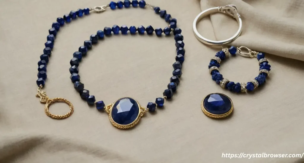 A collection of dark blue crystal jewelry, including a lapis lazuli necklace, sodalite bracelet, and sapphire ring, arranged on a linen cloth.