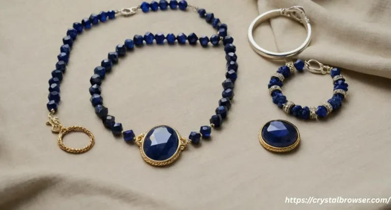 A collection of dark blue crystal jewelry, including a lapis lazuli necklace, sodalite bracelet, and sapphire ring, arranged on a linen cloth.