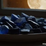 Several dark blue crystals, including Lapis Lazuli and Sodalite, resting on a windowsill under the light of a full moon for cleansing.