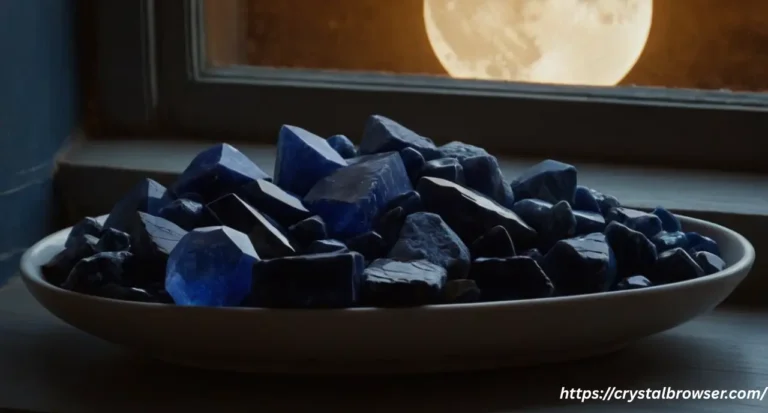 Several dark blue crystals, including Lapis Lazuli and Sodalite, resting on a windowsill under the light of a full moon for cleansing.
