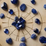 A collection of dark blue crystals like Lapis Lazuli, Sodalite, and Sapphire arranged around a printed zodiac wheel.