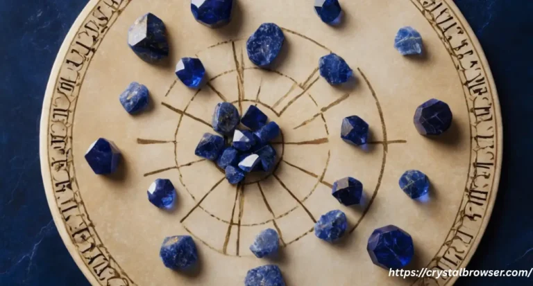 A collection of dark blue crystals like Lapis Lazuli, Sodalite, and Sapphire arranged around a printed zodiac wheel.