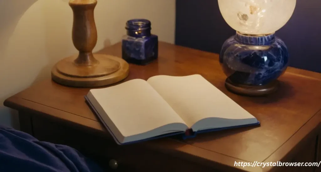 A person writing in a dream journal on a nightstand, with a Sodalite crystal next to them to encourage clear dreams.