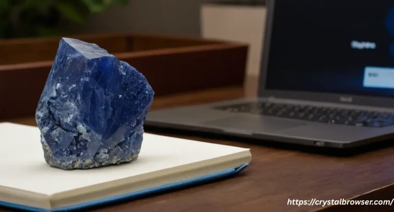 A calming flatlay of dark blue crystals for anxiety, including Sodalite, Lapis Lazuli, and Dumortierite, on a neutral background.