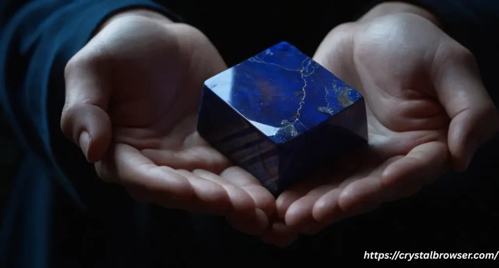 A person writing in a dream journal on a nightstand, with a Sodalite crystal next to them to encourage clear dreams.