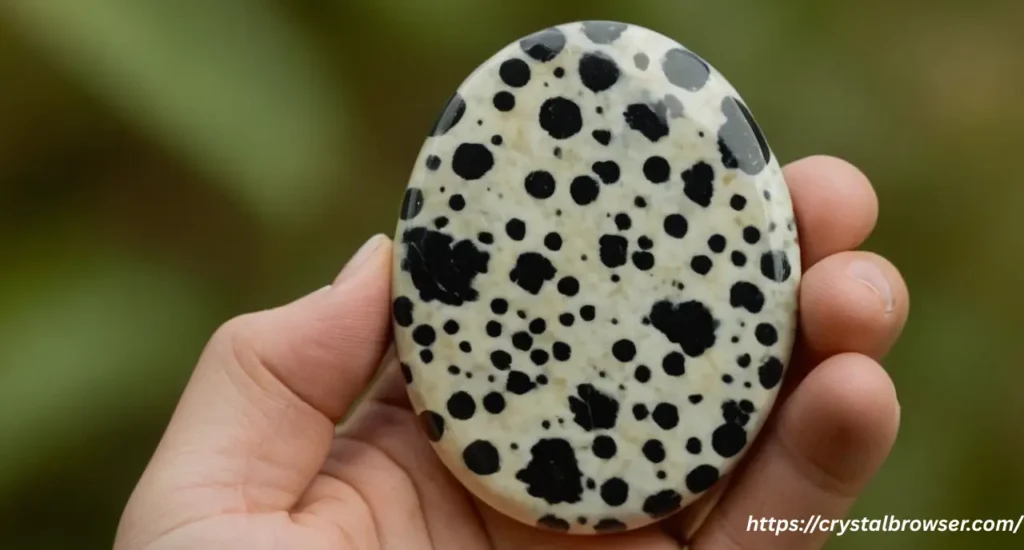 A person's hand holding a smooth, polished Dalmatian Jasper palm stone, showcasing its black and white spotted pattern.