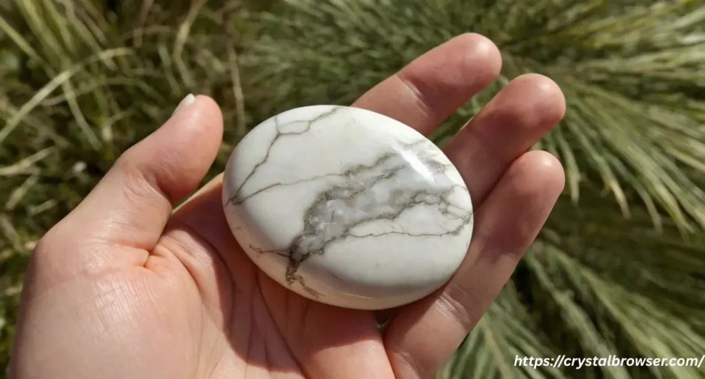 A smooth, white Howlite palm stone with grey veins resting in someone's open palm, representing its use for calm and anxiety.

