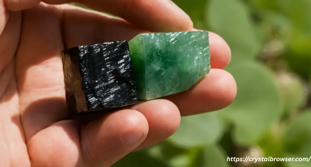 A hand holding a piece of green Jade and a raw Black Tourmaline, illustrating a crystal pairing for grounding and protection.
