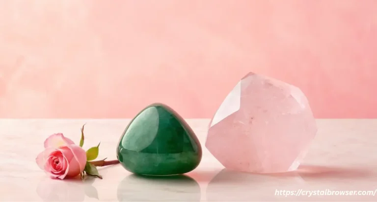 A polished green Jade stone next to a soft pink Rose Quartz crystal on a clean, light background, symbolizing love and harmony.