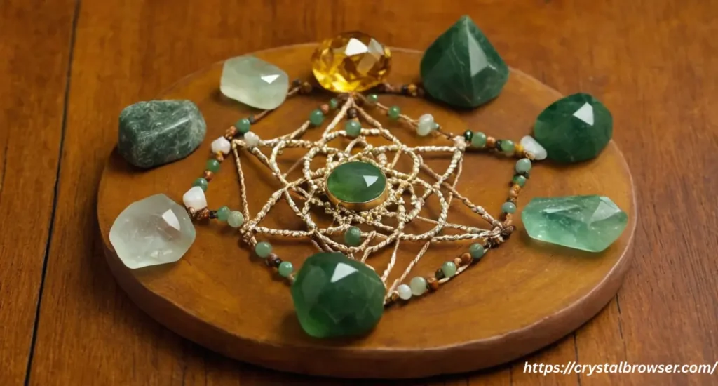 A small crystal grid featuring a central Jade stone surrounded by tumbled Citrine and Green Aventurine crystals on a wooden surface, representing abundance and luck.
