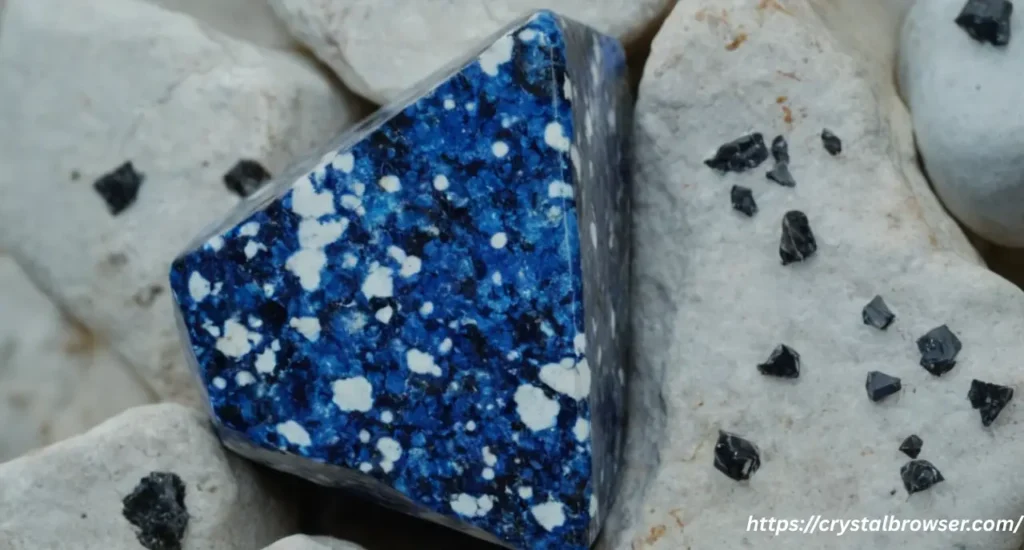 A close-up macro shot of a K2 stone, showing the bright blue Azurite spots within the white and black Granite matrix.
