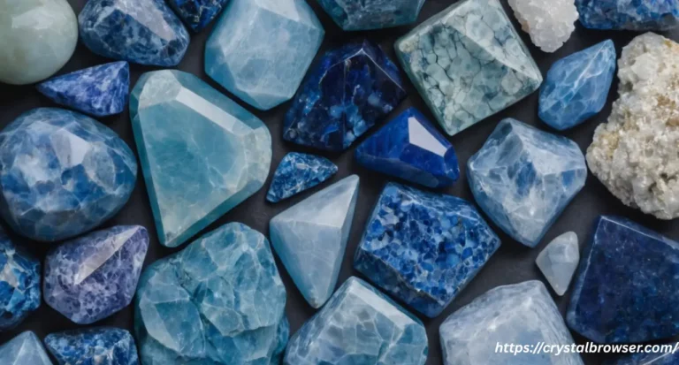 A flatlay of light and dark blue crystals, featuring the gentle tones of Aquamarine and Blue Lace Agate next to the deep hues of Lapis Lazuli and Sodalite.