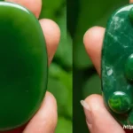 A side-by-side comparison showing the visual differences between a deep green, waxy Nephrite jade and a vibrant, glassy Jadeite jade.
