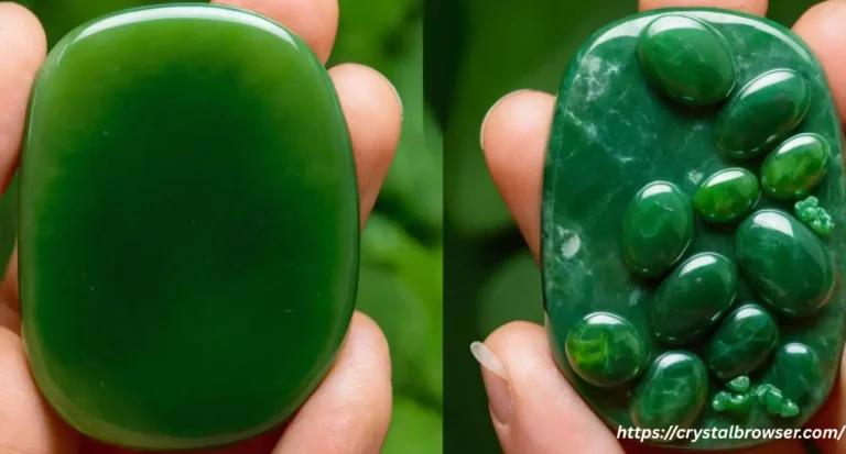 A side-by-side comparison showing the visual differences between a deep green, waxy Nephrite jade and a vibrant, glassy Jadeite jade.