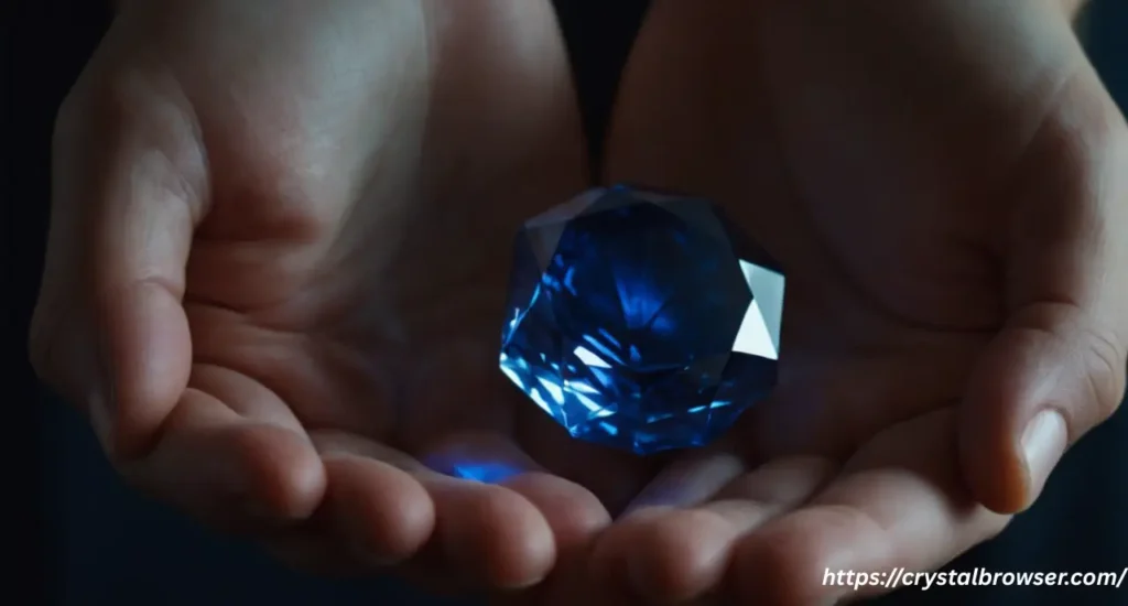 A person's hands cupping a dark blue crystal, with light emanating from it to symbolize charging it with an intention.
