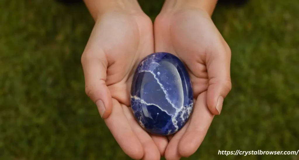 A person meditating calmly with a Sodalite palm stone in their hand, representing its energy of mental peace.