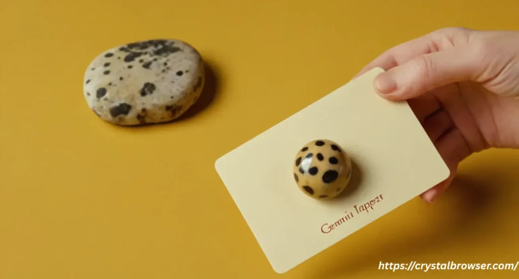  A person holding a playful Dalmatian Jasper stone next to a card showing the Gemini zodiac sign, illustrating their energetic match.