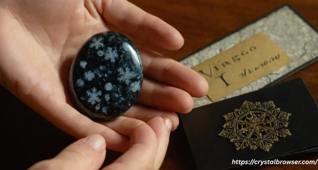A person holding a Snowflake Obsidian stone next to a card showing the Virgo zodiac sign, representing their compatibility.
