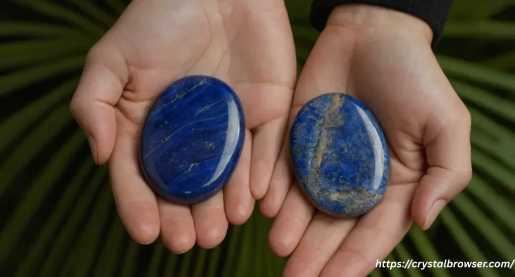 A person's hands holding a polished Lapis Lazuli palm stone, representing the crystal's compatibility with the Sagittarius zodiac sign.

