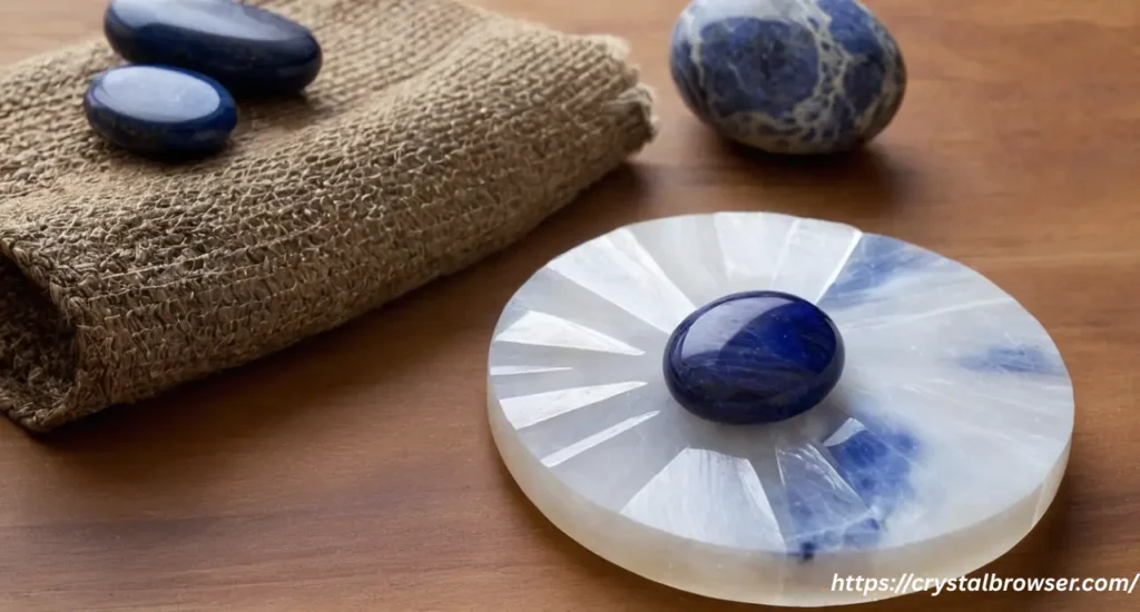 A white Selenite charging plate with a Sodalite palm stone and a Lapis Lazuli tumble stone on it, illustrating a safe cleansing method.