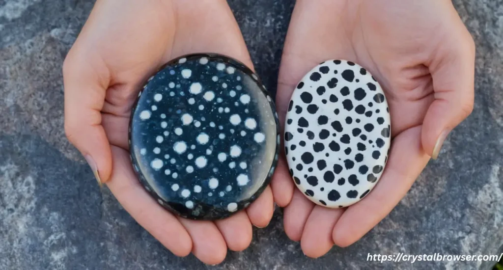 A side-by-side comparison of a Snowflake Obsidian palm stone and a Dalmatian Jasper palm stone, showcasing their different patterns.
