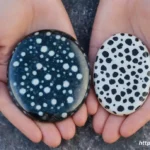 A side-by-side comparison of a Snowflake Obsidian palm stone and a Dalmatian Jasper palm stone, showcasing their different patterns.