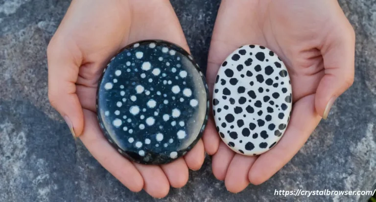 A side-by-side comparison of a Snowflake Obsidian palm stone and a Dalmatian Jasper palm stone, showcasing their different patterns.