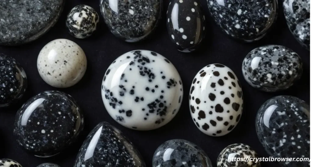 A side-by-side comparison of Snowflake Obsidian, a black stone with grey patterns, and Dalmatian Jasper, a white stone with black spots.
