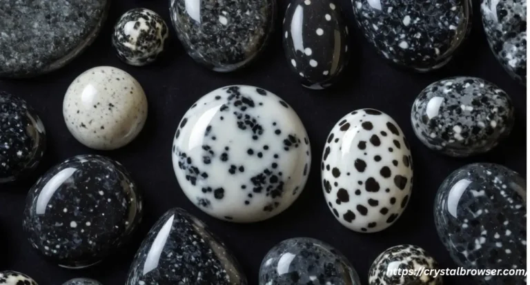 A side-by-side comparison of Snowflake Obsidian, a black stone with grey patterns, and Dalmatian Jasper, a white stone with black spots.