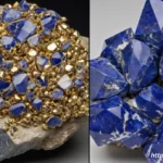 A side-by-side comparison showing the difference between Sodalite, with its white veins, and Lapis Lazuli, with its golden Pyrite flecks.