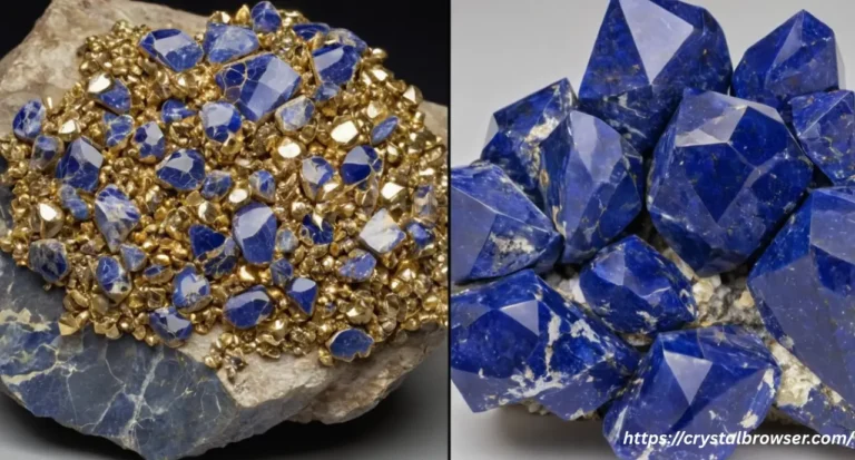 A side-by-side comparison showing the difference between Sodalite, with its white veins, and Lapis Lazuli, with its golden Pyrite flecks.