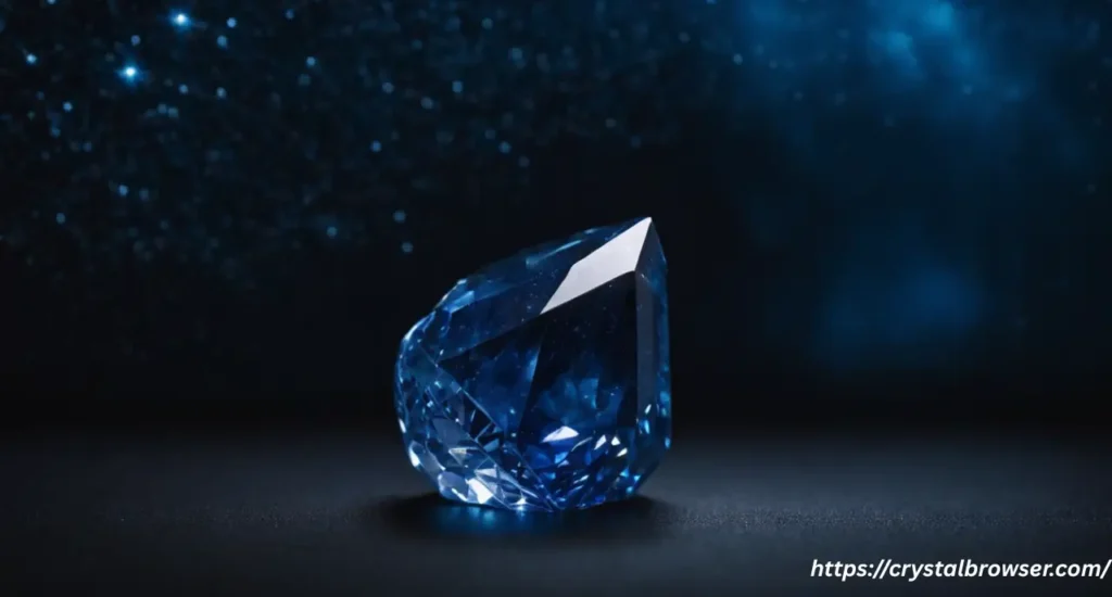 An ethereal, dream-like image of a dark blue crystal glowing faintly on a starry background, representing its spiritual meaning in a dream.
