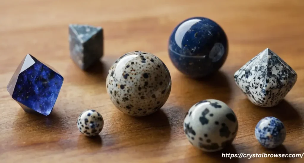 A collection of top crystals with spots or speckles, including Dalmatian Jasper, Snowflake Obsidian, and Lapis Lazuli, arranged on a wooden surface.
