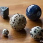 A collection of top crystals with spots or speckles, including Dalmatian Jasper, Snowflake Obsidian, and Lapis Lazuli, arranged on a wooden surface.
