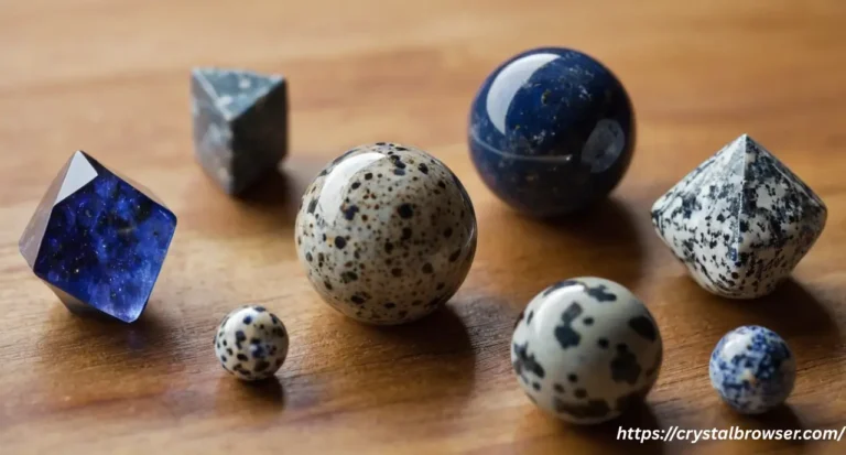 A collection of top crystals with spots or speckles, including Dalmatian Jasper, Snowflake Obsidian, and Lapis Lazuli, arranged on a wooden surface.