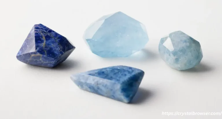 A lineup of the best blue crystals for the throat chakra, including Lapis Lazuli, Aquamarine, and Blue Lace Agate, on a white background.