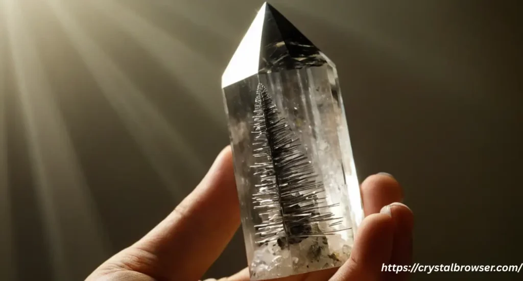 A person's hand holding a polished Tourmalinated Quartz tower up to the light, showing the black needles inside the clear crystal.
