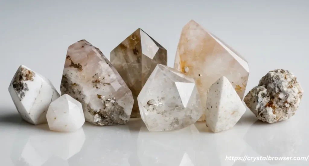 A collection of white crystals with inclusions, featuring Tourmalinated Quartz, Howlite, and Garden Quartz, on a clean, white surface.
