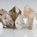 A collection of white crystals with inclusions, featuring Tourmalinated Quartz, Howlite, and Garden Quartz, on a clean, white surface.