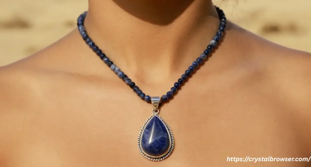A close-up of a woman wearing a Sodalite pendant necklace, highlighting its placement on the throat chakra.
